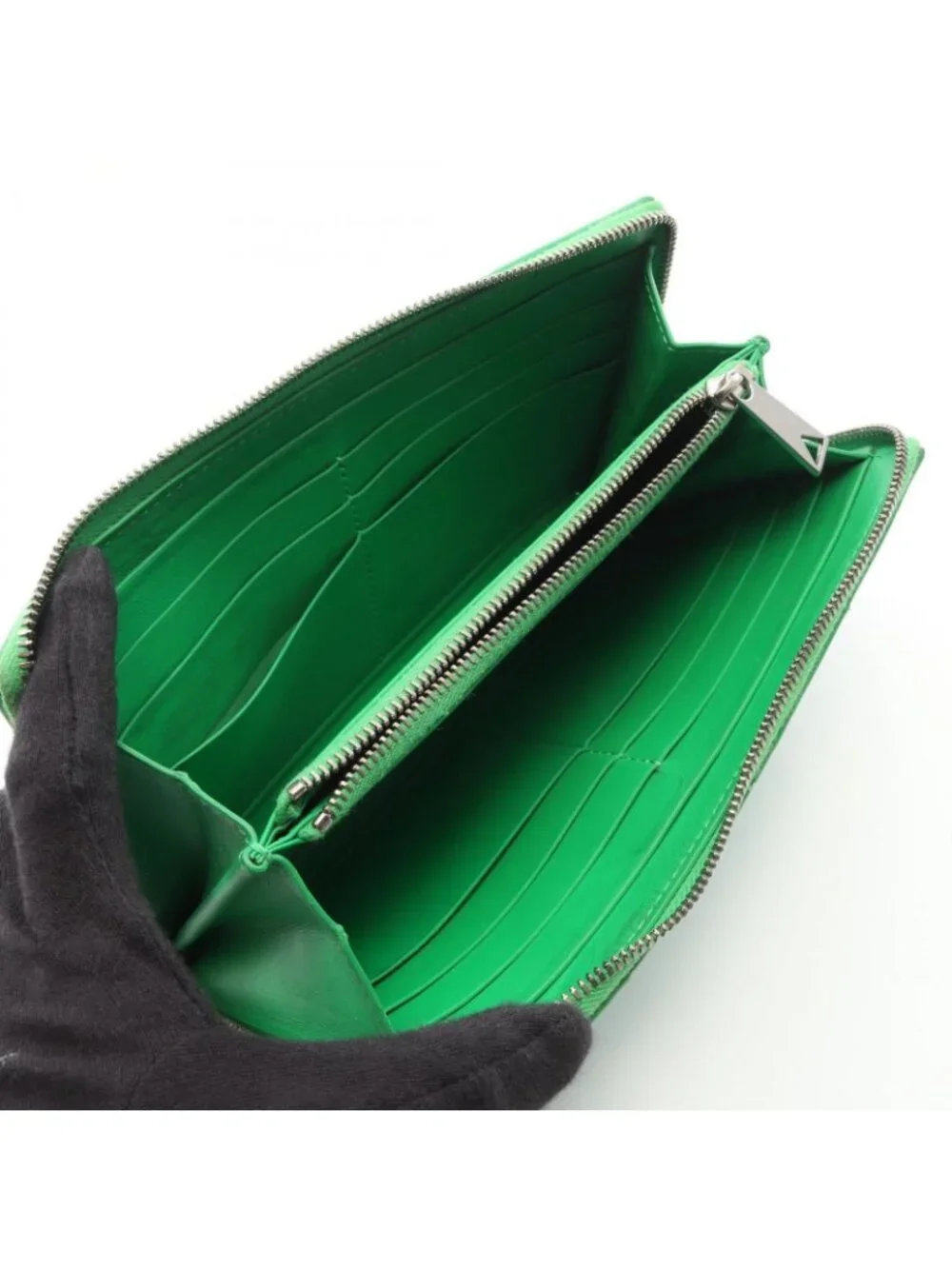 Bottega Veneta Round Wallet Zip Around Maxi Intrecht Green Leather Cassette